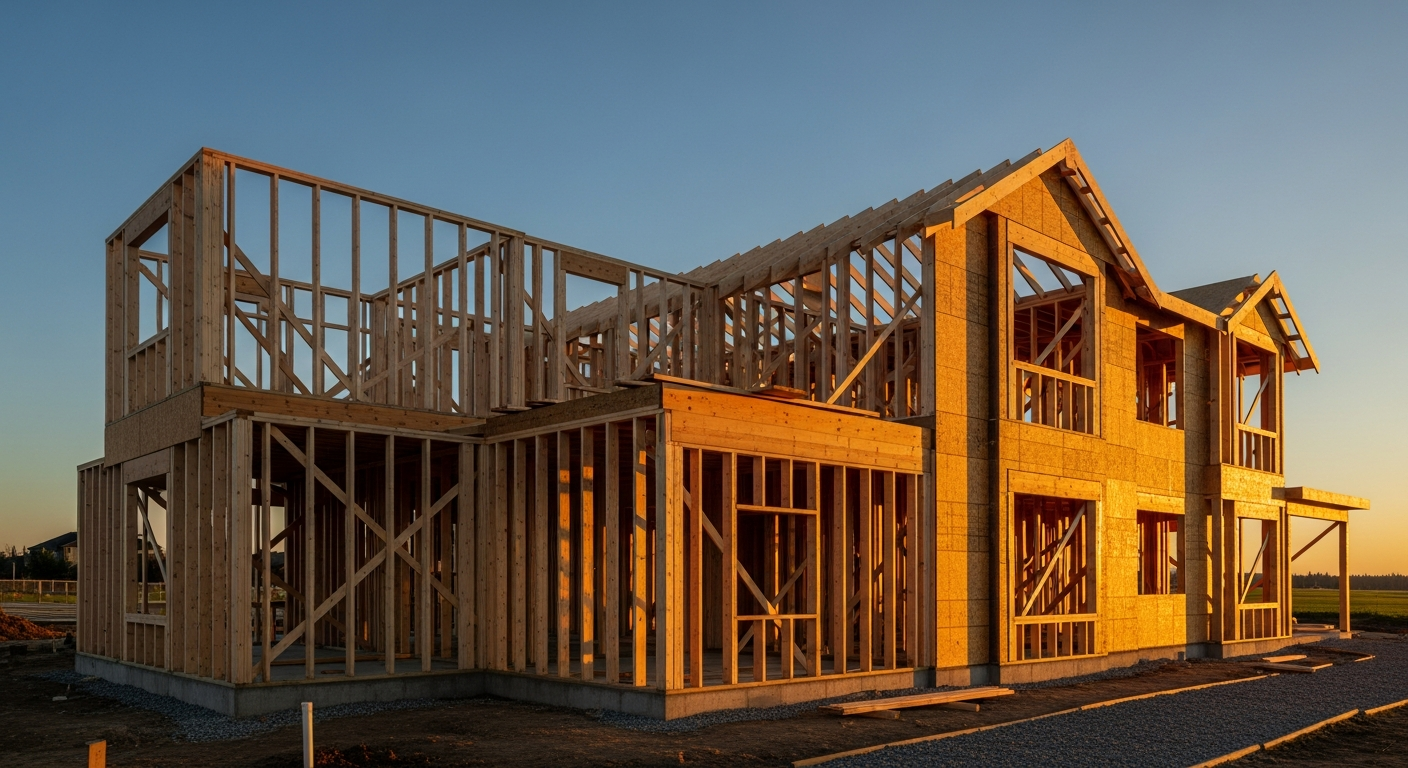 American wood-framed house under construction at golden hour with exposed framing