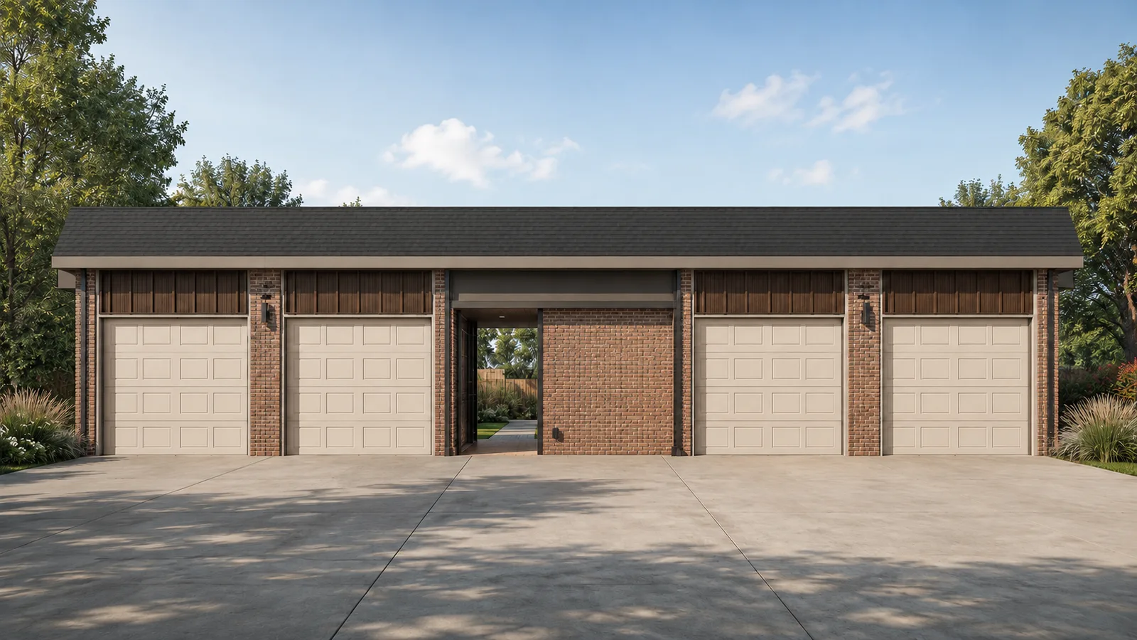 Carriage 4-bay modular garage rendering with four overhead doors