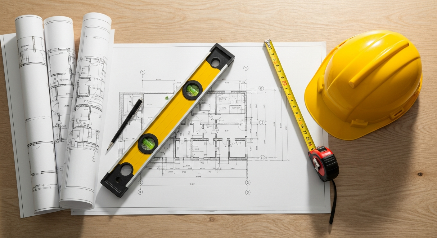 Construction blueprints and tools for an owner-builder project