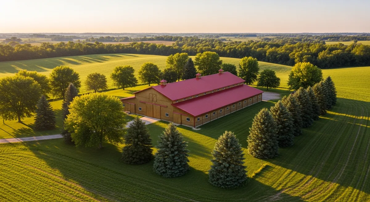 Pole barn with red metal roof storing round hay bales next to a separate equipment shelter on a working farm