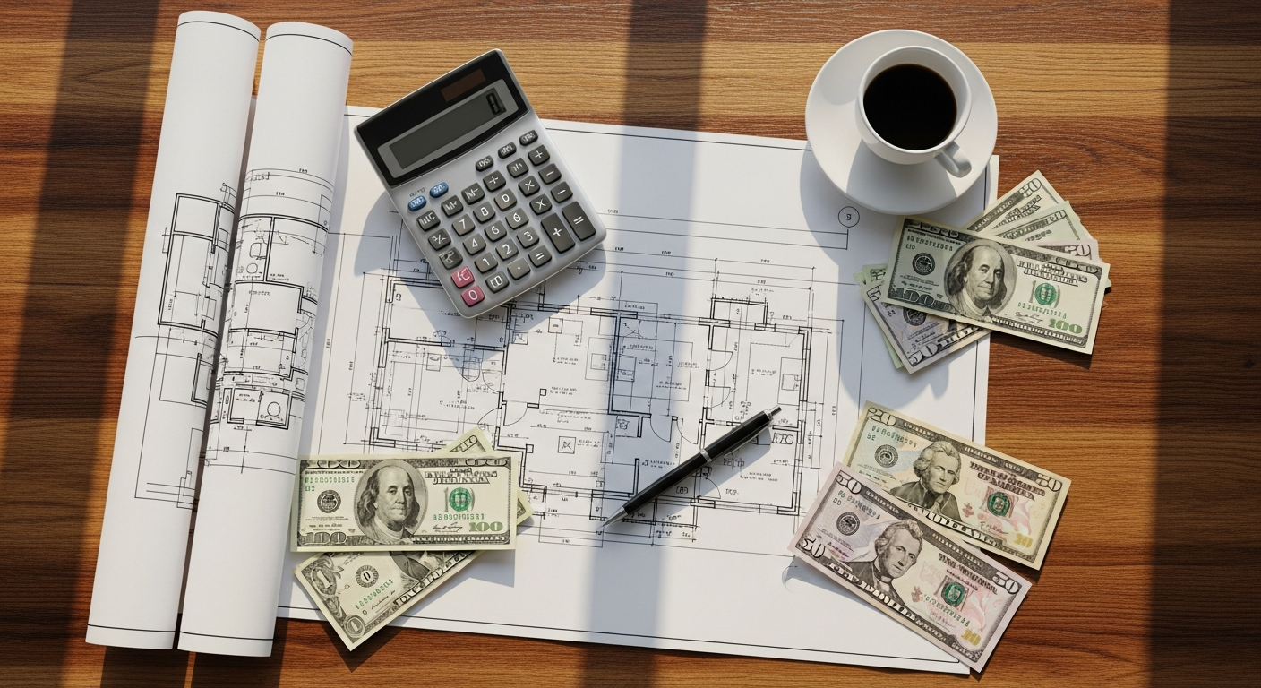 Top-down view of construction blueprints, calculator, and budget paperwork on a wooden desk