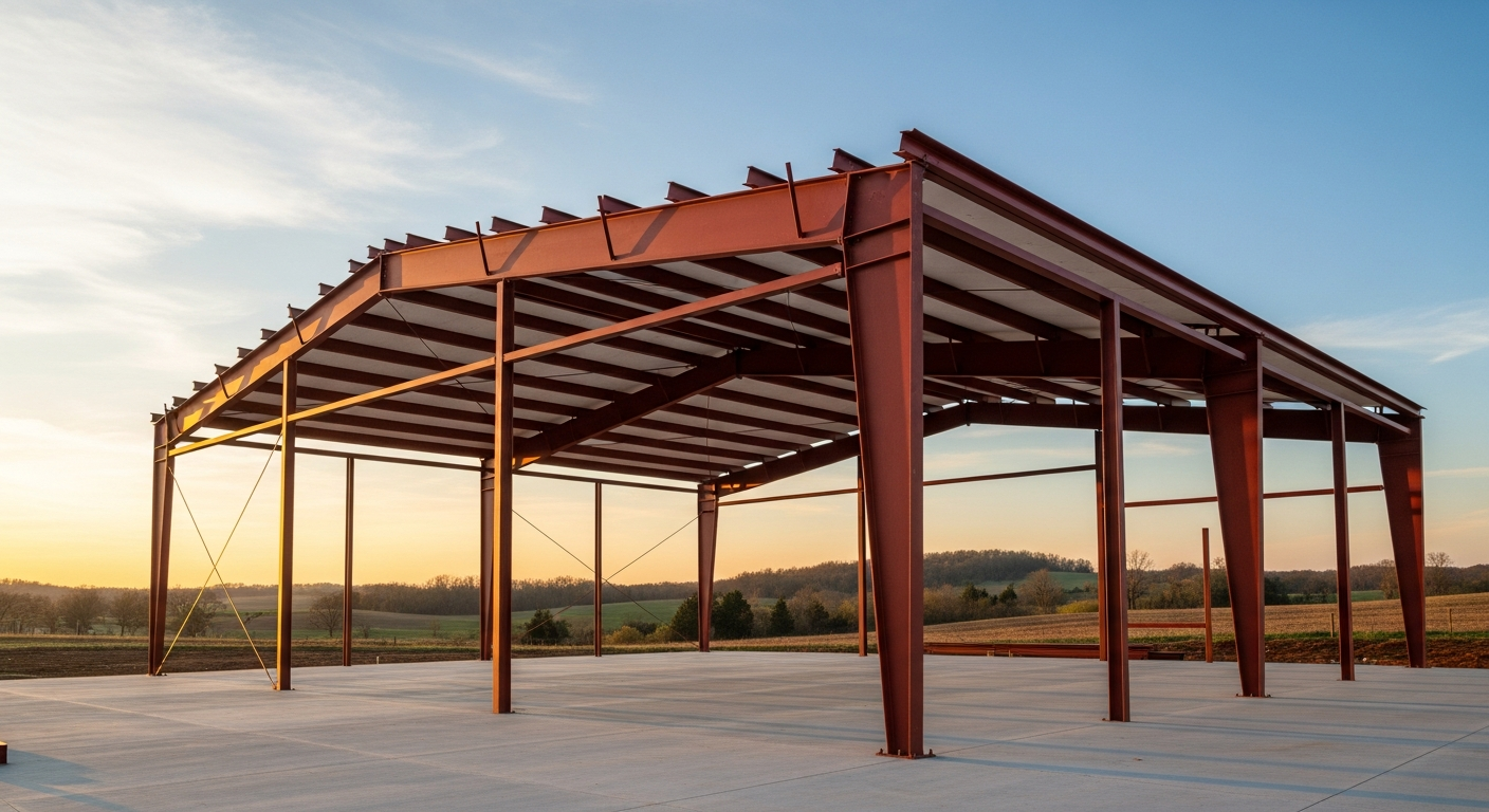 Red iron steel building shell on concrete slab in rural setting