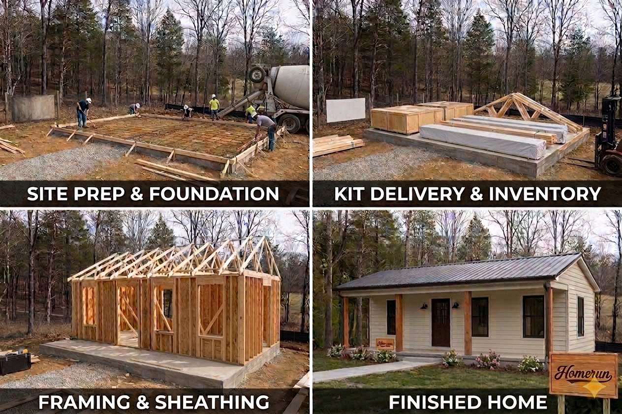 House Kit build process — site prep, kit delivery, framing, and finished home