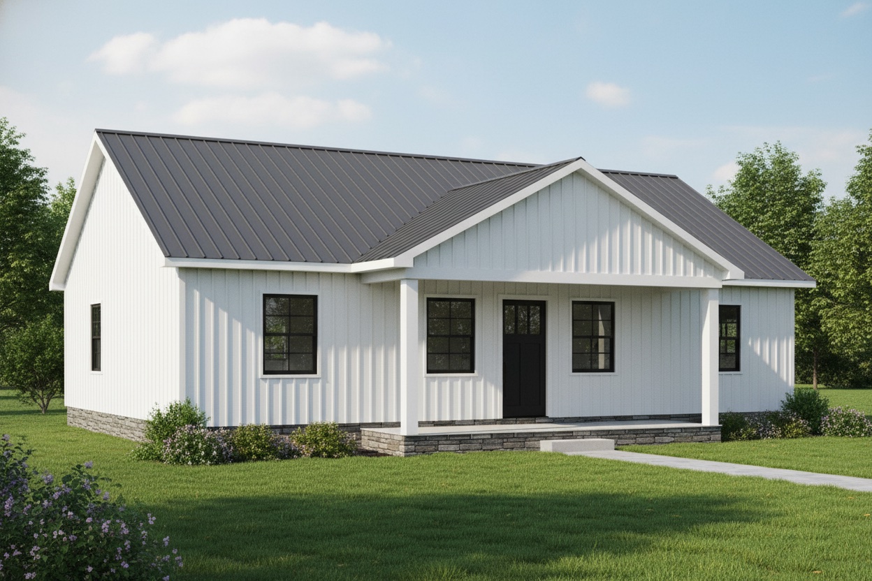 The Classic (Plan #1) — 3 bed/2 bath, 1280 sq ft wood-framed house kit, exterior view with white board-and-batten siding, black metal roof, covered front porch with stone foundation