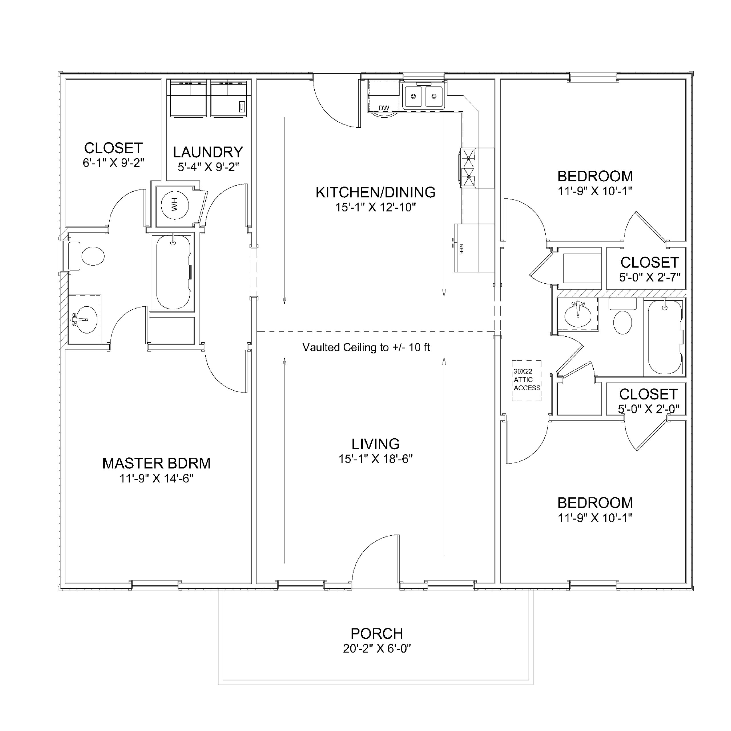 The Classic (Plan #1) floor plan diagram — 3 bedrooms, 2 baths, 32×40 footprint with master bedroom, kitchen/dining, vaulted living room, laundry, and 20' covered front porch