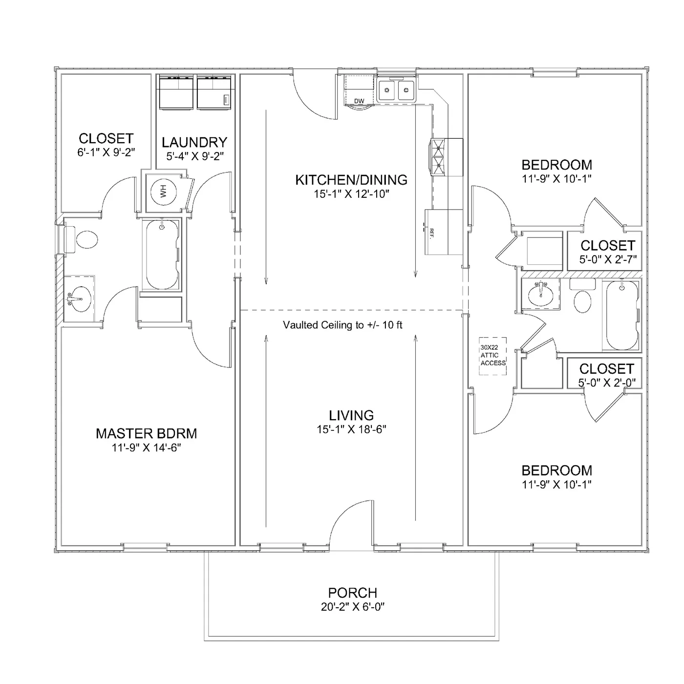 The Classic (Plan #1) floor plan diagram — 3 bedrooms, 2 baths, 32×40 footprint with master bedroom, kitchen/dining, vaulted living room, laundry, and 20' covered front porch