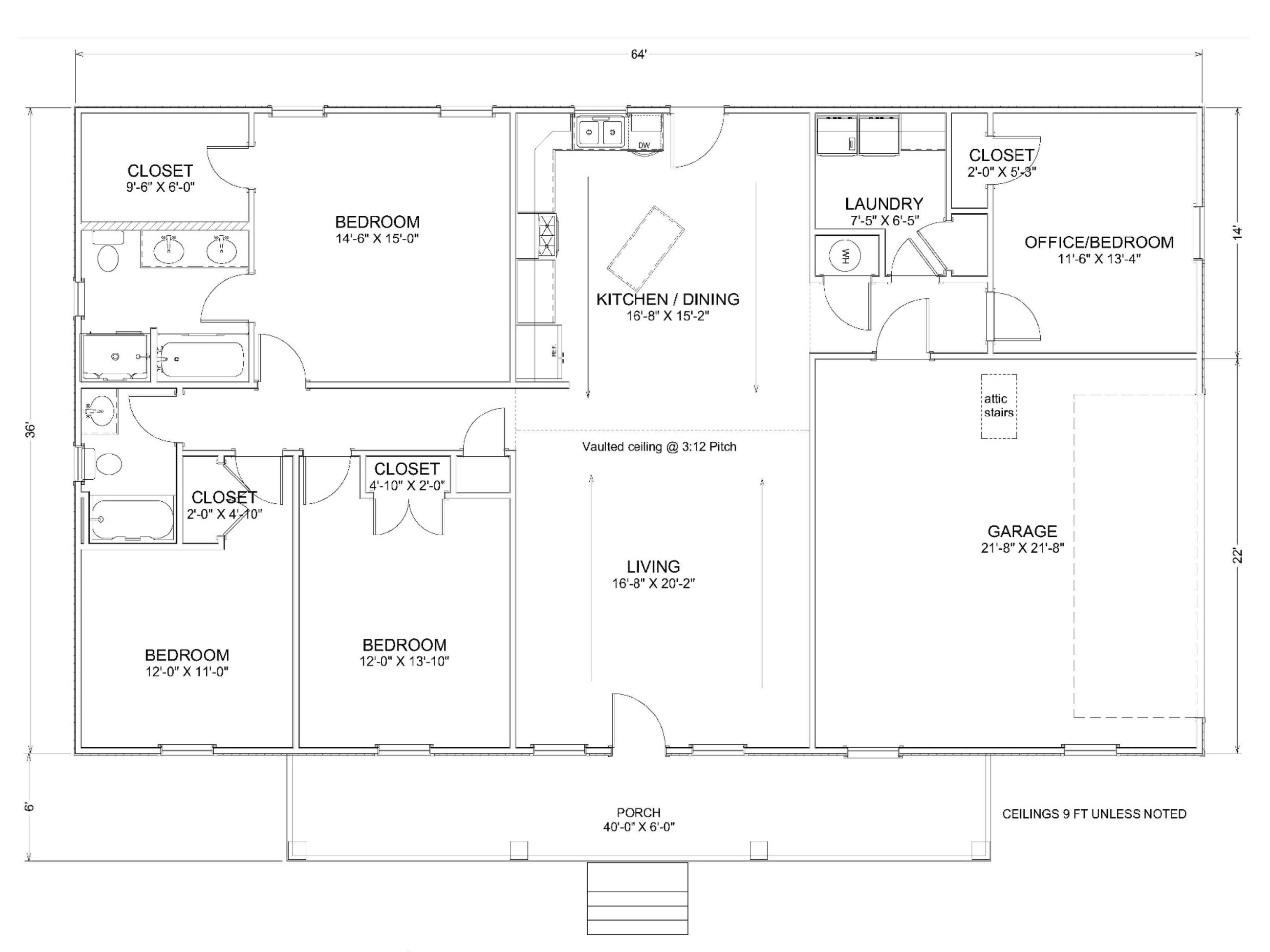 The Cornerstone (Plan #15A) floor plan diagram — 4 bedrooms, 2 baths, 64×36 footprint with 21'8"×21'8" attached garage, kitchen/dining, vaulted living room, laundry, office/bedroom, and 40' covered front porch