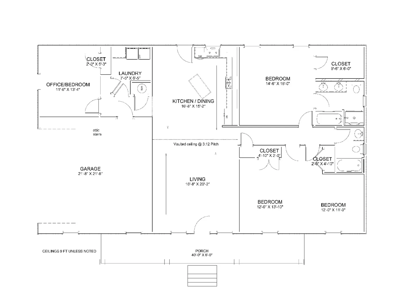 The Homestead Plus (Plan #15B) floor plan diagram — 4 bedrooms, 2 baths, 52×36 footprint with master bedroom, kitchen/dining, vaulted living room, laundry, office/bedroom, and 40' covered front porch (no garage)