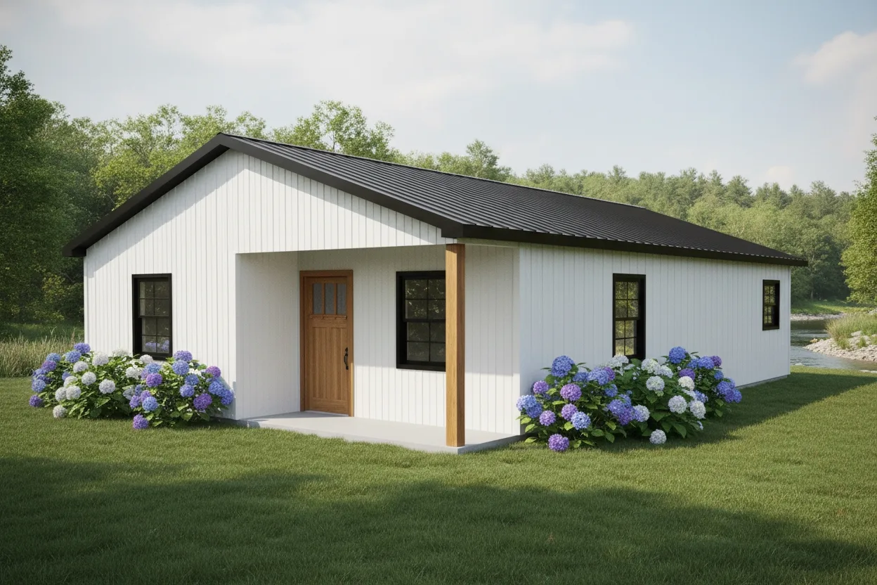 The Pioneer (Plan #19B) — 3 bed/1 bath, 964 sq ft wood-framed house kit, exterior view