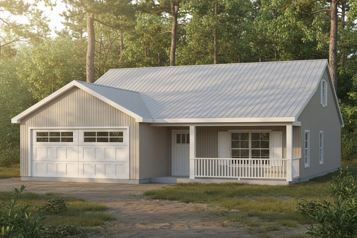 The Courtyard (Plan #20B) — 3 bed/2 bath, 1420 sq ft wood-framed house kit, exterior view