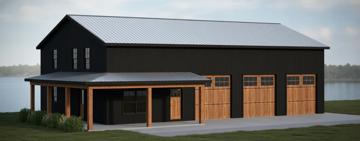 The Shop House (Plan #21) — 3 bed/2 bath, 1415 sq ft wood-framed house kit, exterior view