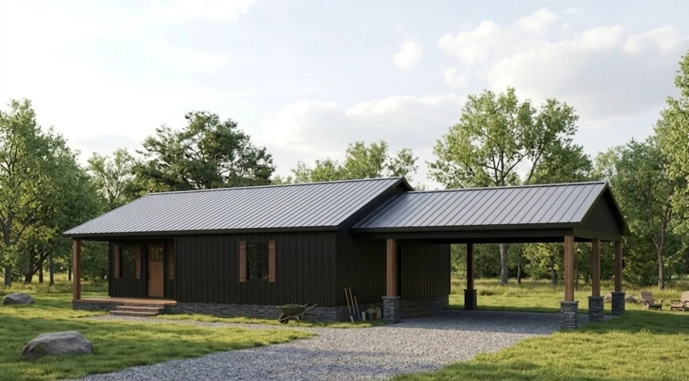 The Settler (Plan #3) — 3 bed/2 bath, 1198 sq ft wood-framed house kit, exterior view