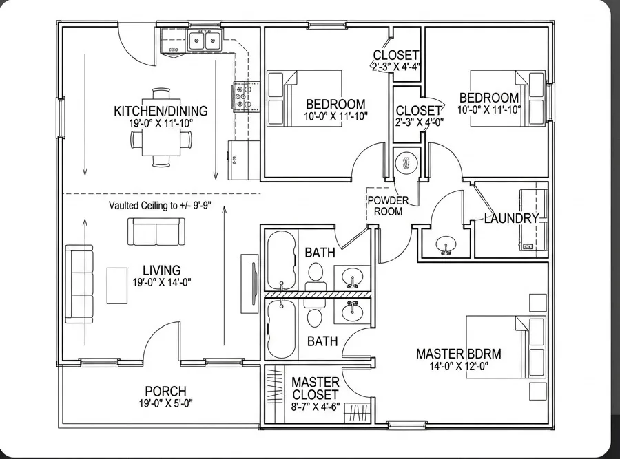The Settler (Plan #3) floor plan — 3 bedrooms, 2 baths, kitchen/dining, vaulted living room, laundry, master suite, and front porch