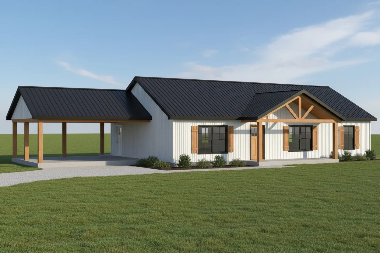 The Farmstead (Plan #31) — 3 bed/2 bath, 1600 sq ft wood-framed house kit, exterior view