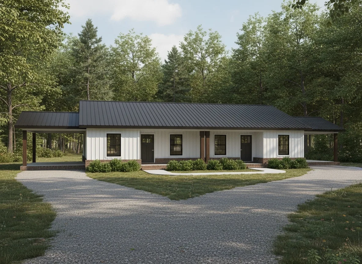 The Compound (Plan #33) — 6 bed/2 bath, 2258 sq ft wood-framed house kit, exterior view