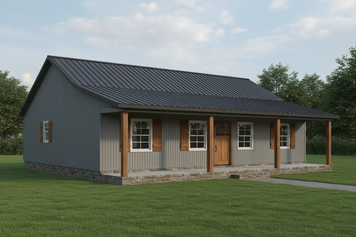 The Plainsman (Plan #4) — 3 bed/2 bath, 1280 sq ft wood-framed house kit, exterior view