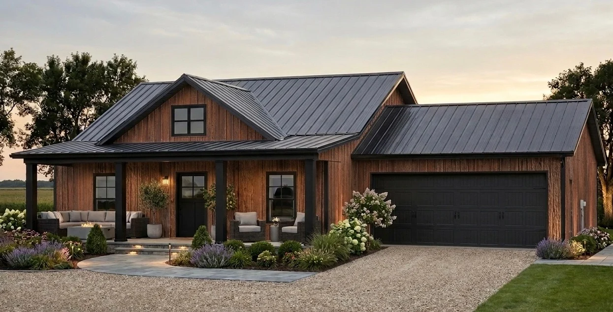 The Ironwood (Plan #46) — 3 bed/2 bath wood-framed house kit exterior with rustic wood siding, dark metal roof, covered porch, and attached garage