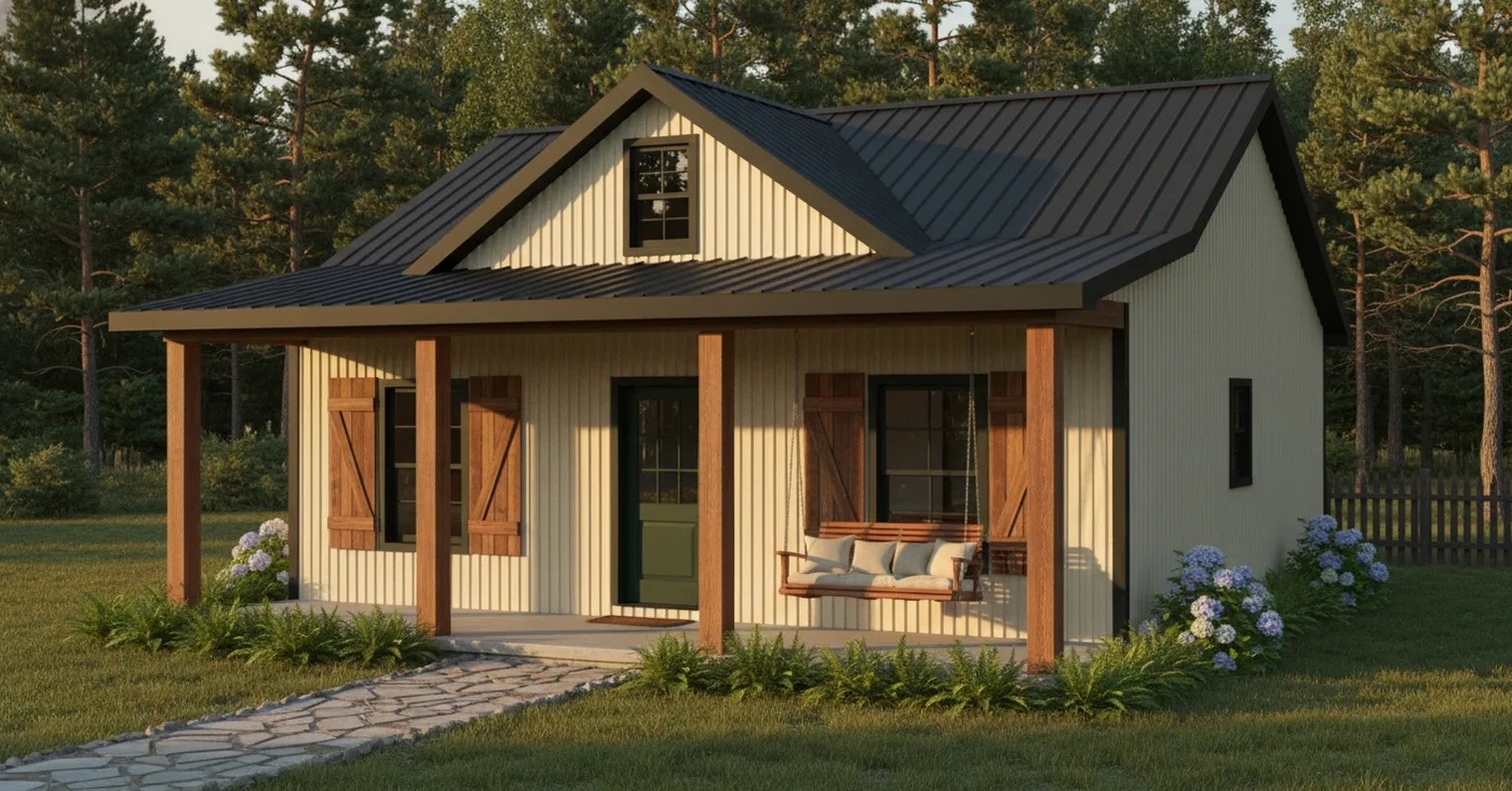 The Cabin (Plan #48L) — 2 bed/1 bath, 812 sq ft wood-framed house kit, exterior view