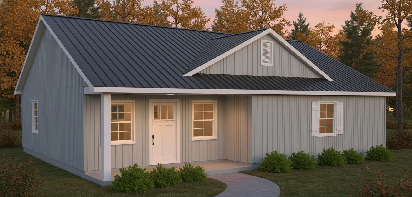 The Meadow (Plan #49) — 3 bed/2 bath, 1088 sq ft wood-framed house kit, exterior view