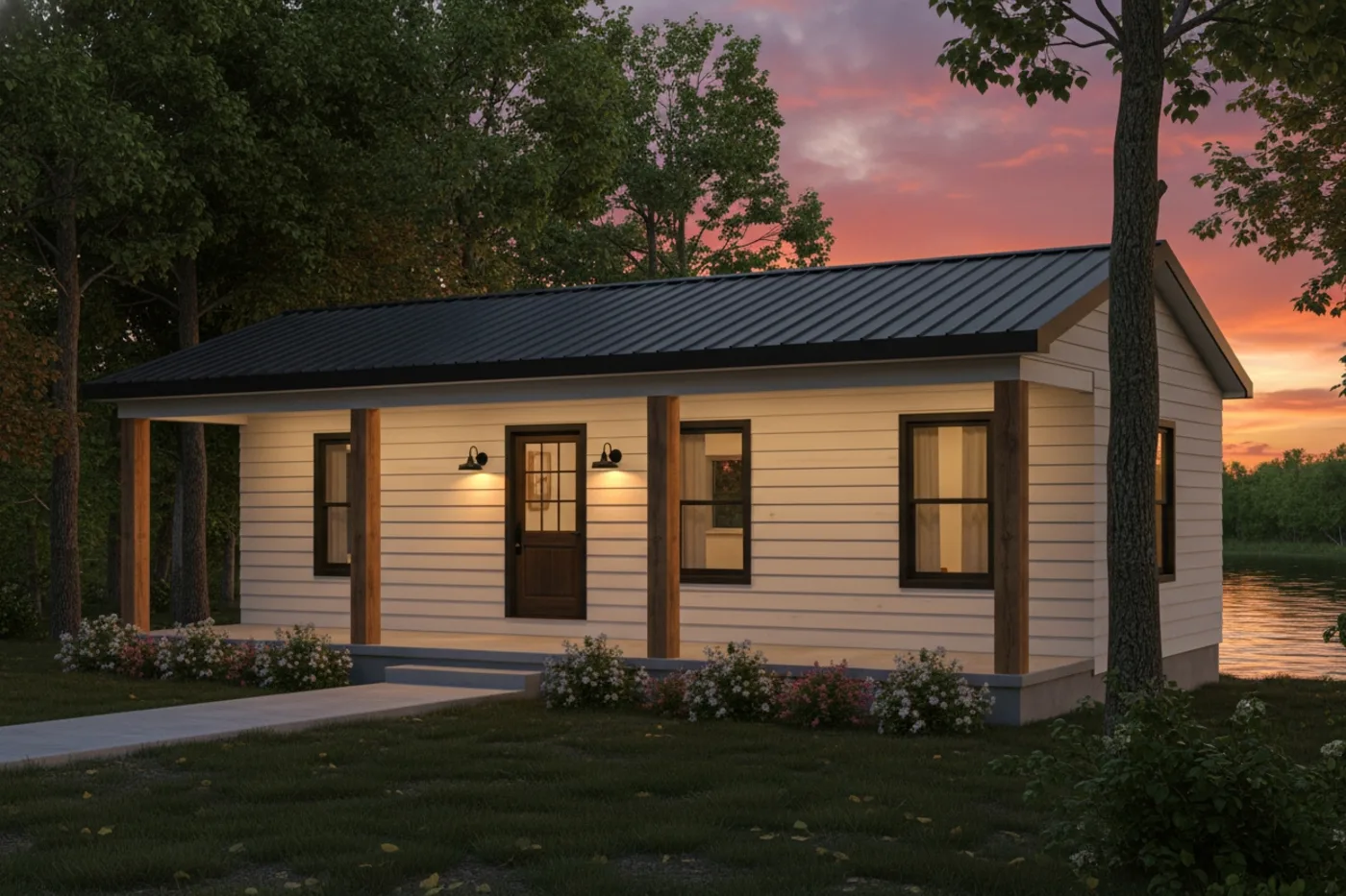 The Bungalow (Plan #53) — 2 bed/1 bath, 720 sq ft total wood-framed house kit, exterior view