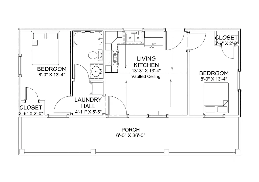 The Bungalow (Plan #53) floor plan diagram — 2 bedrooms, 1 bath, living/kitchen with vaulted ceiling, laundry hall, and 6'×36' covered porch