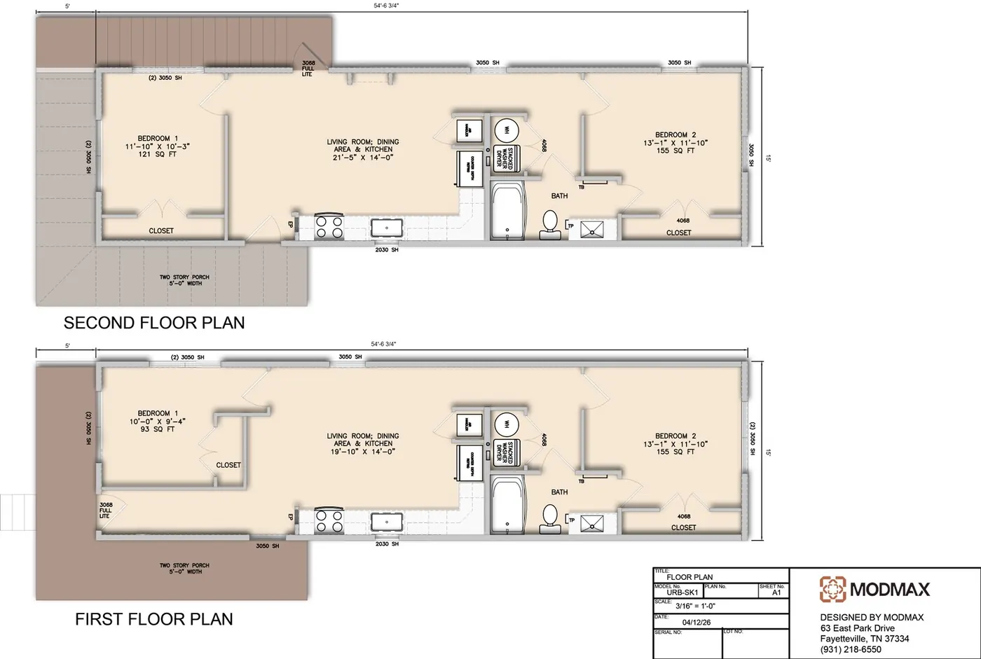 Belvidere stacked duplex first and second floor plans with room dimensions