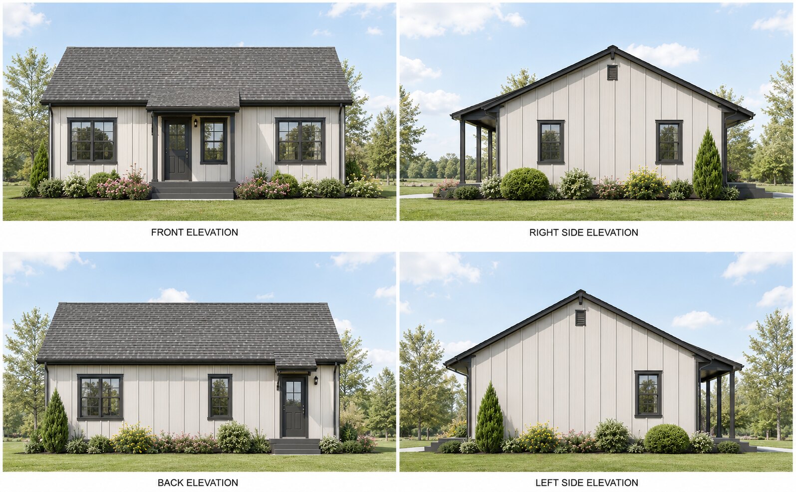 Birch modular home front, right side, back, and left side elevations