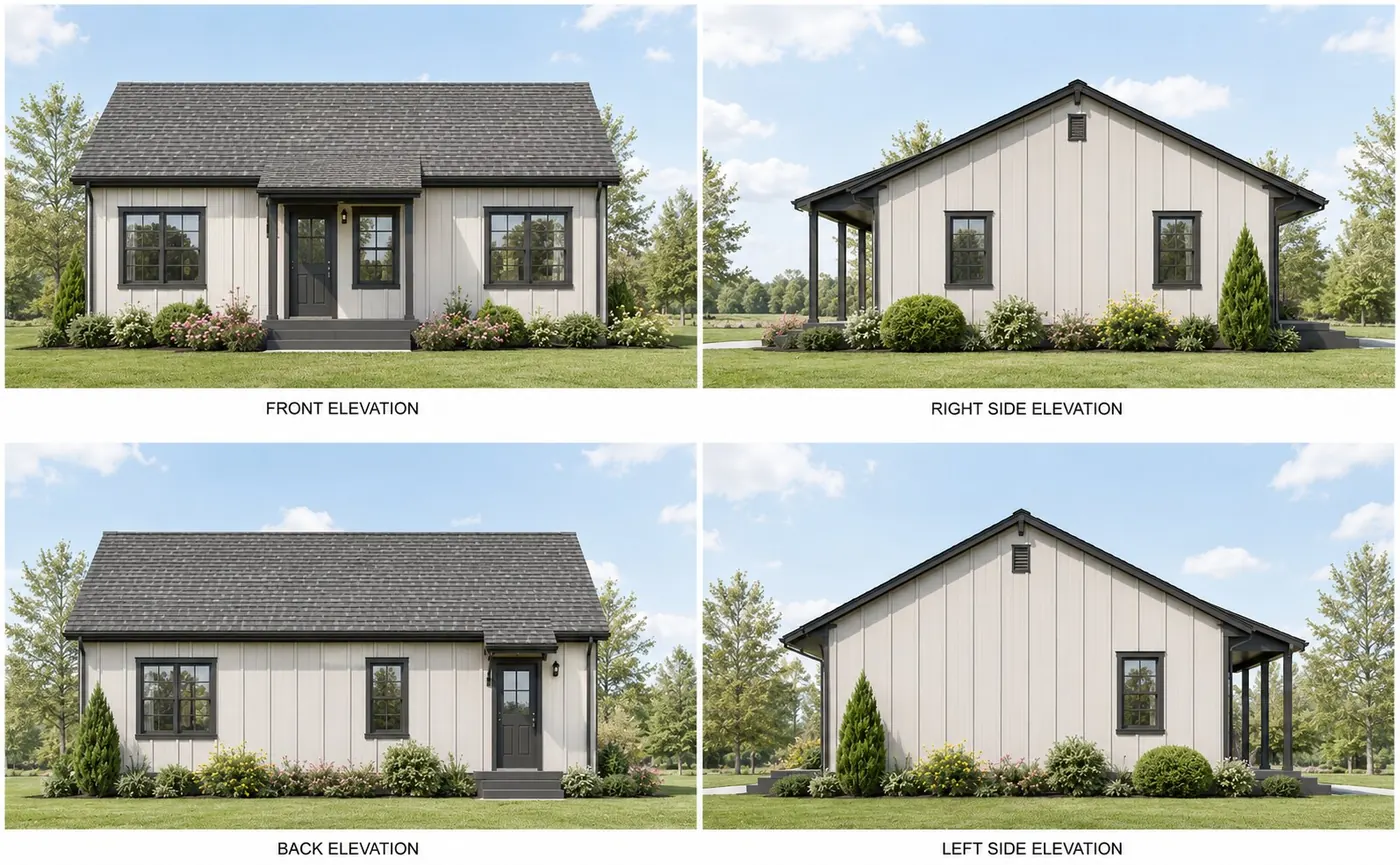 Birch modular home front, right side, back, and left side elevations