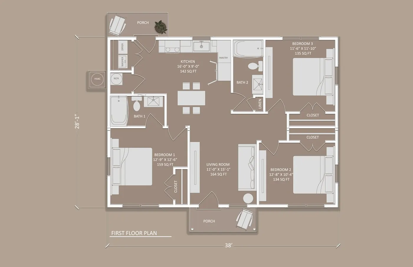 Birch modular home first floor plan with room dimensions