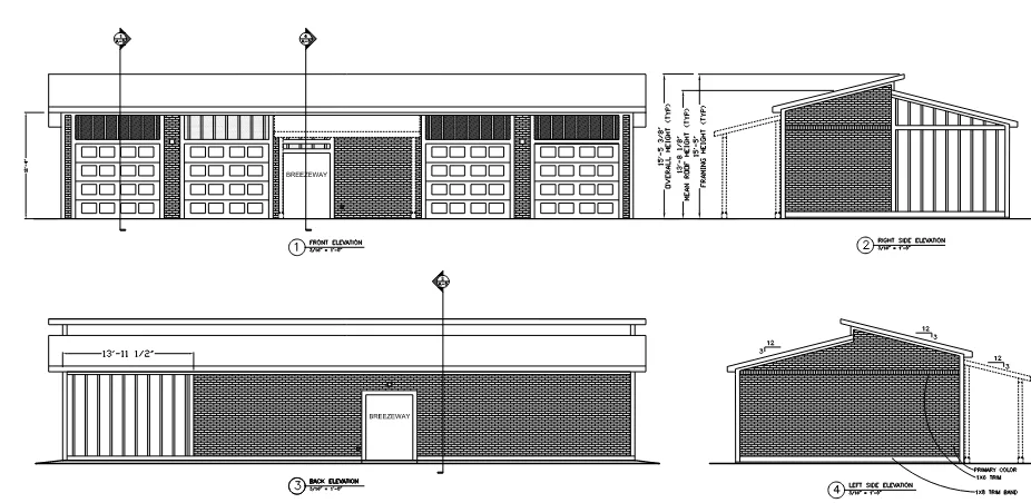 Carriage 4-bay modular garage front, rear, and side elevations