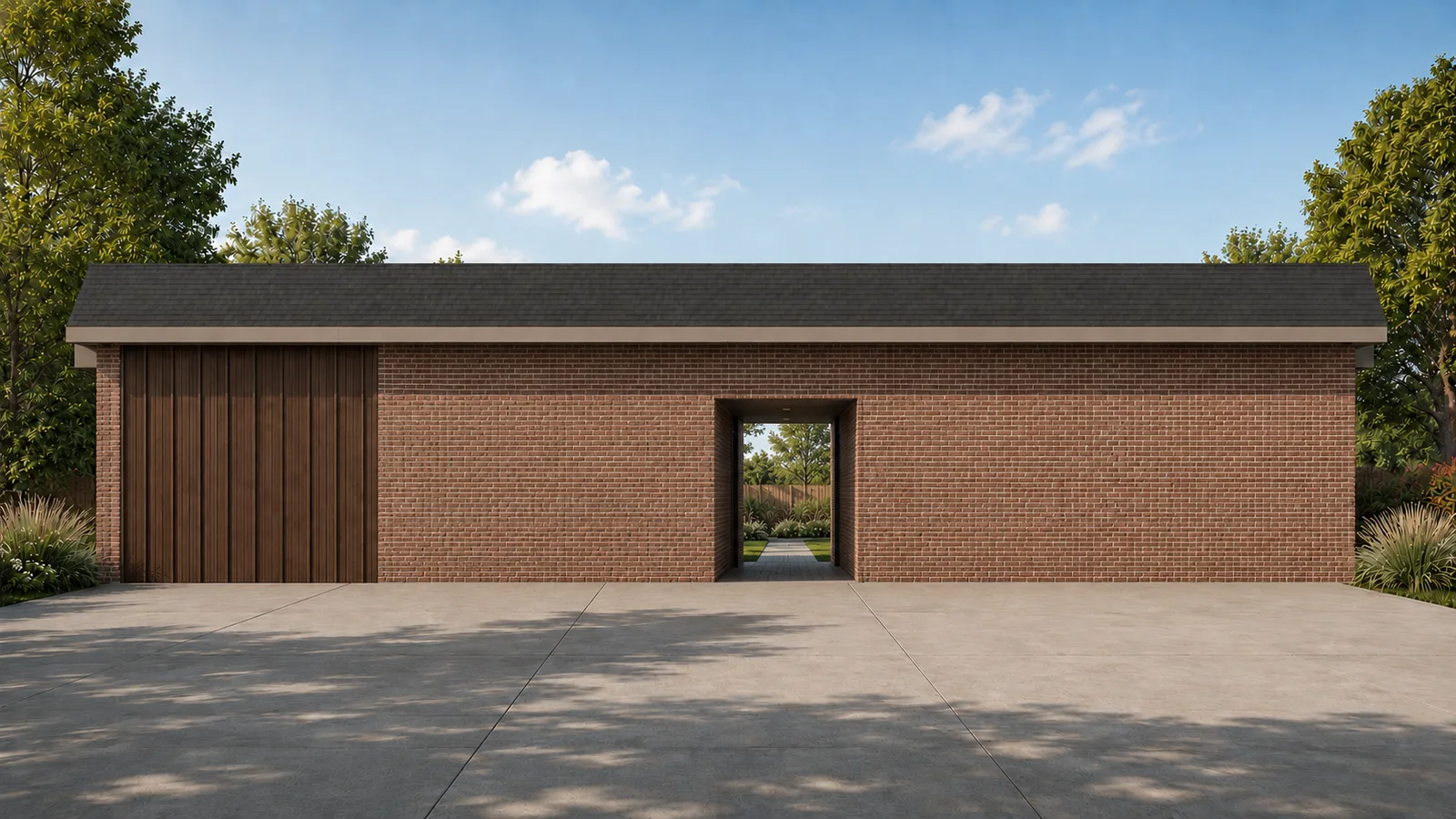 Carriage modular garage rear view showing walk-through service door