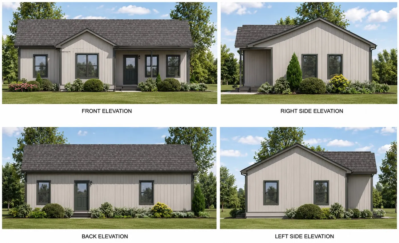 Dogwood modular home front, right side, back, and left side elevations