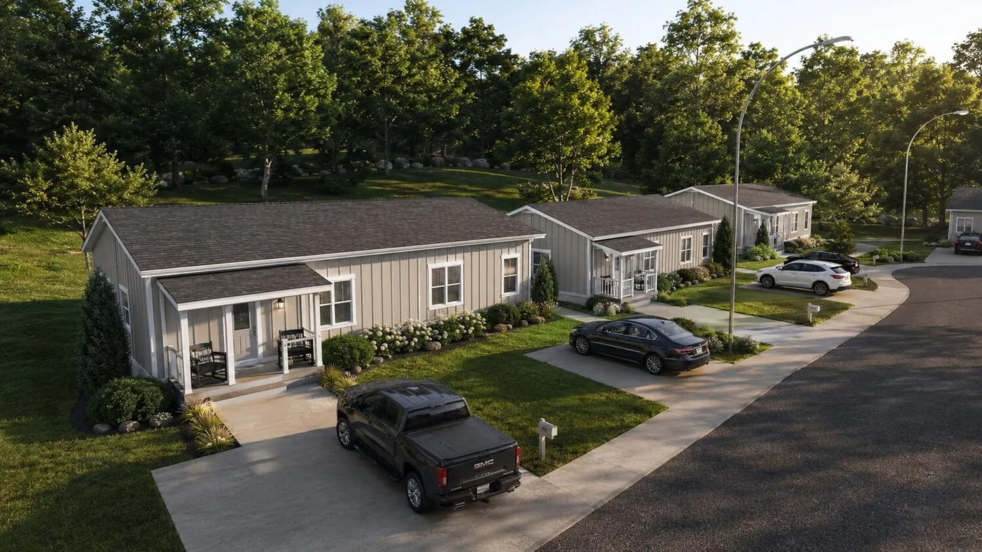 Front Porch modular duplex — streetscape showing full-width covered front porches