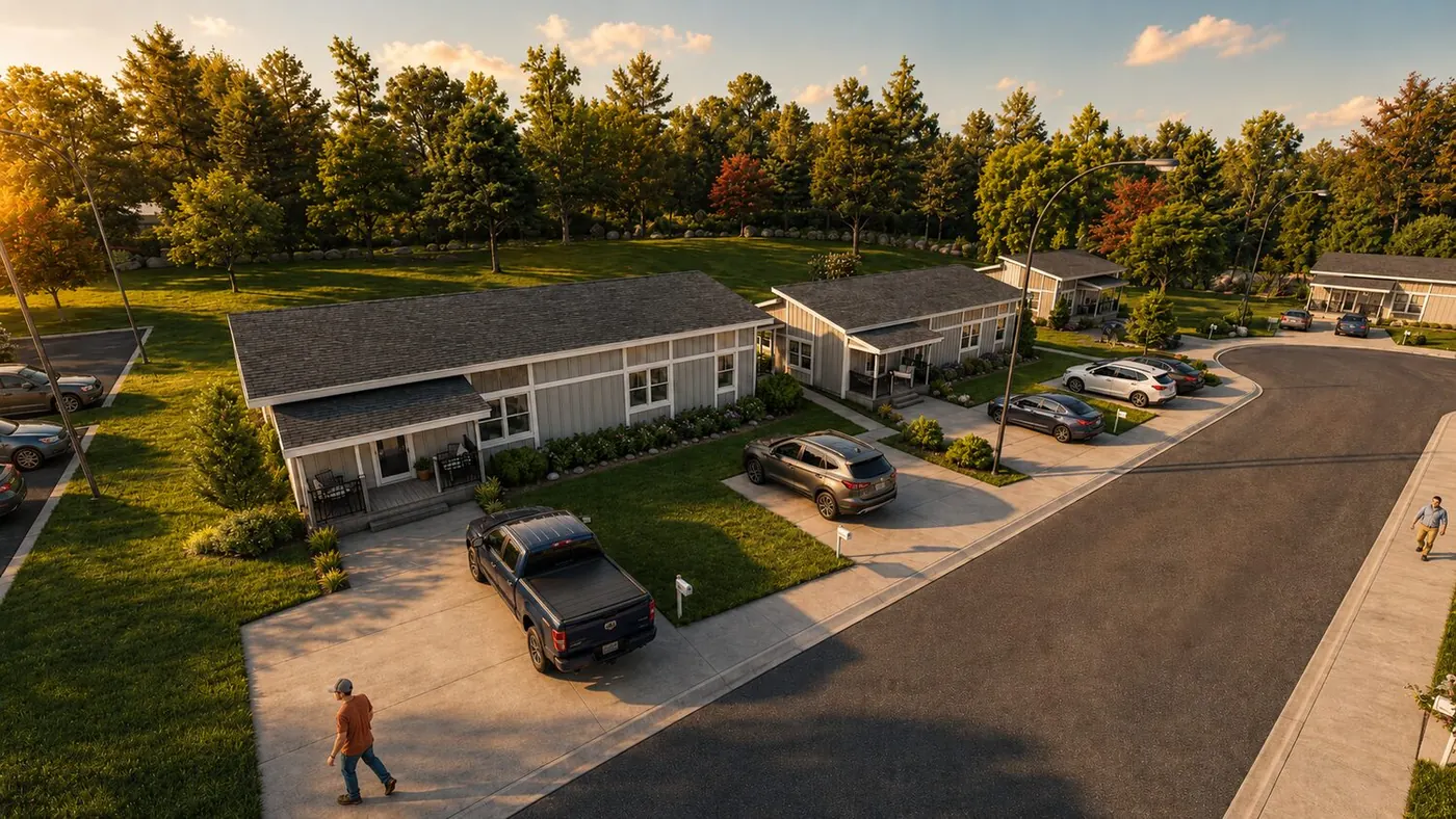 Front Porch modular duplex — community streetscape at dusk
