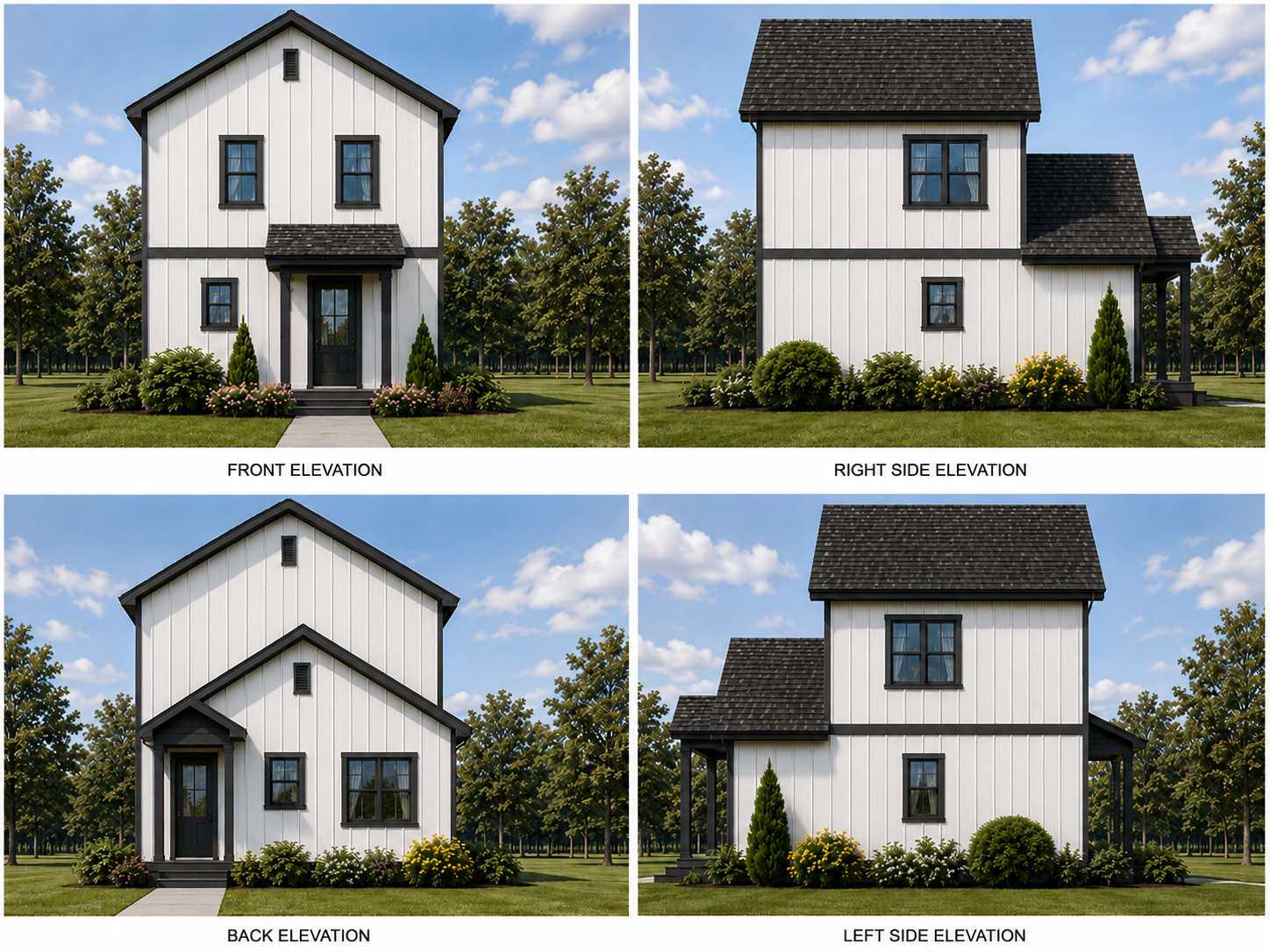 Hickory modular home front, right side, back, and left side elevations