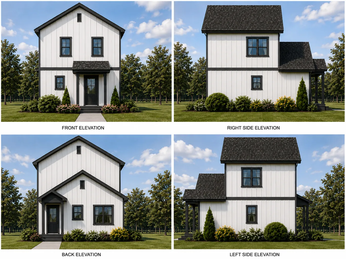 Hickory modular home front, right side, back, and left side elevations