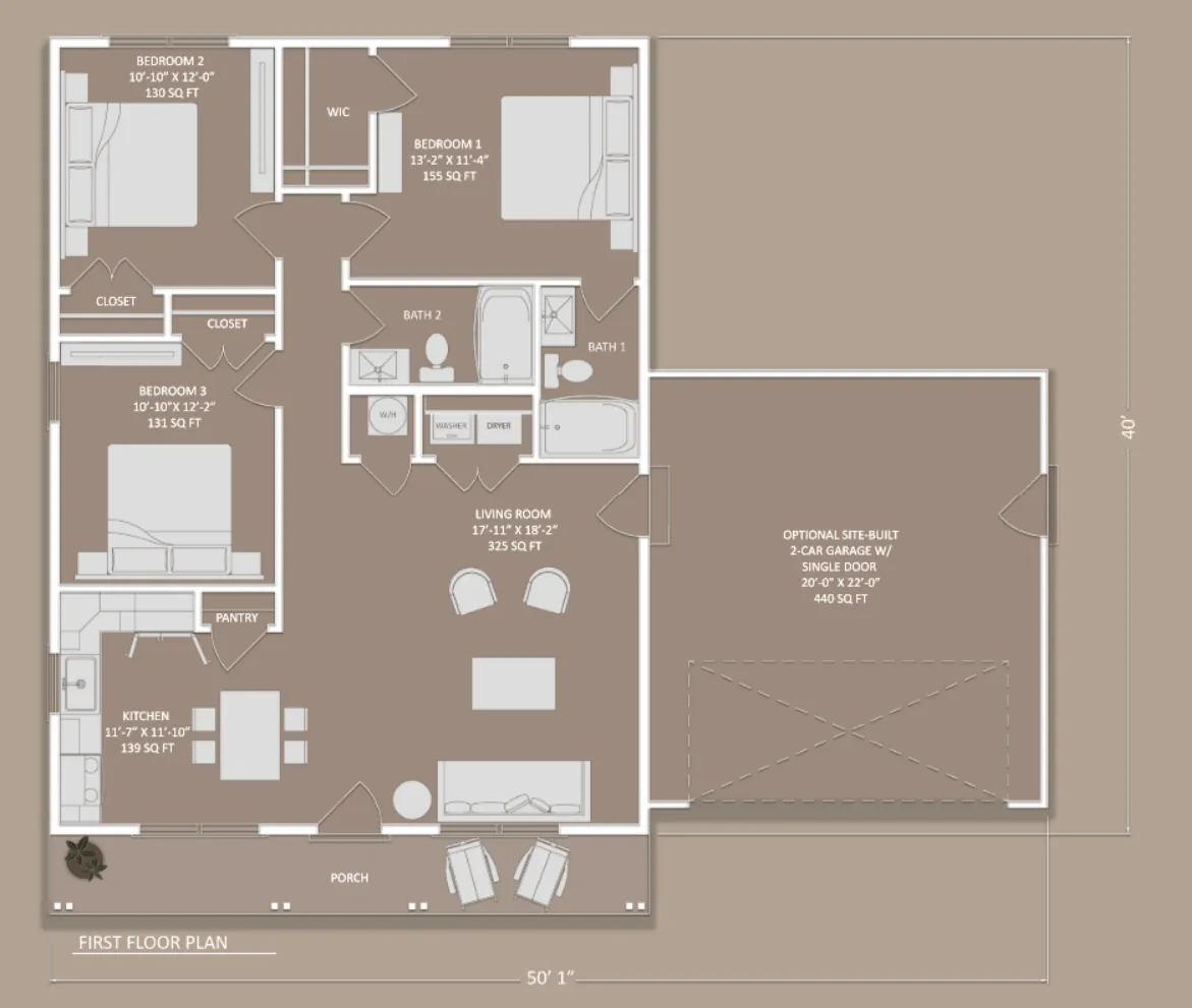 Sycamore modular home floor plan with room dimensions and optional 2-car garage