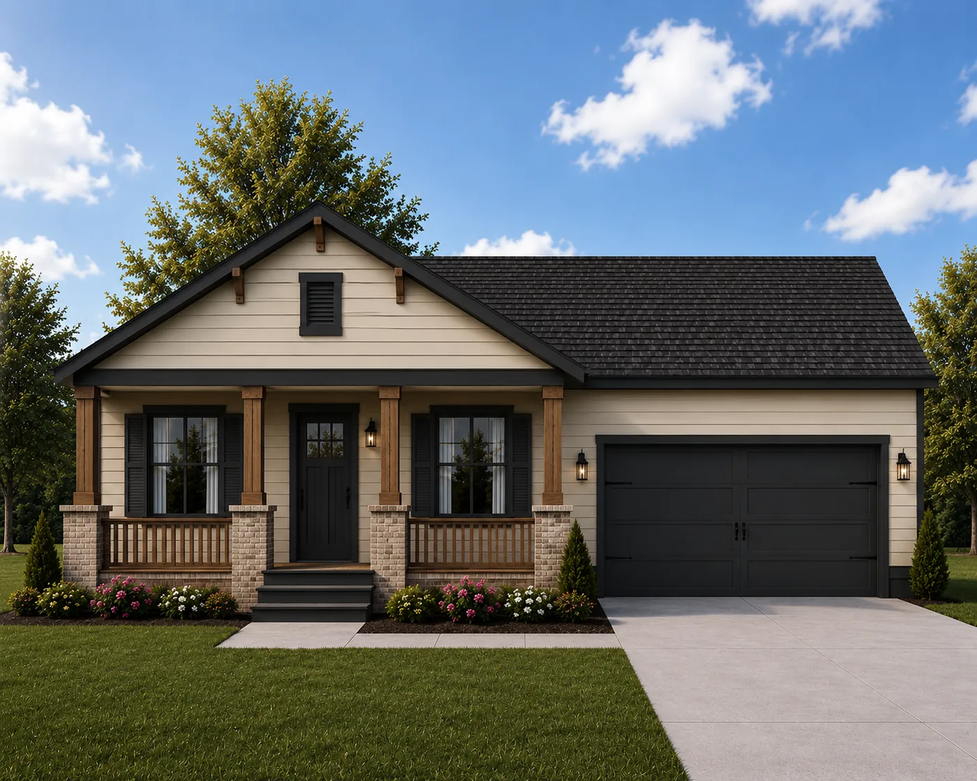 Sycamore modular home — front elevation with optional 2-car garage