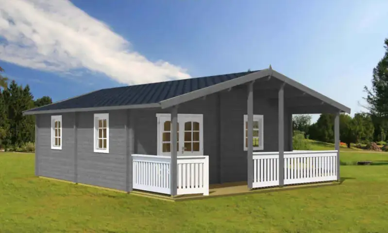 Miami solid-log prefab cabin with deck railings